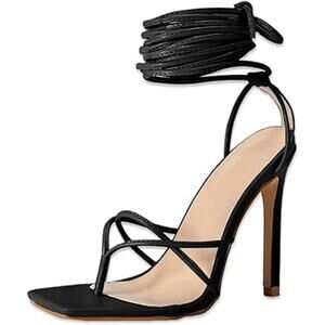 PiePieBuy Womens Size 9 Black Lace Up 4.5" Heel Strappy Ankle Wrap Sandal Shoes